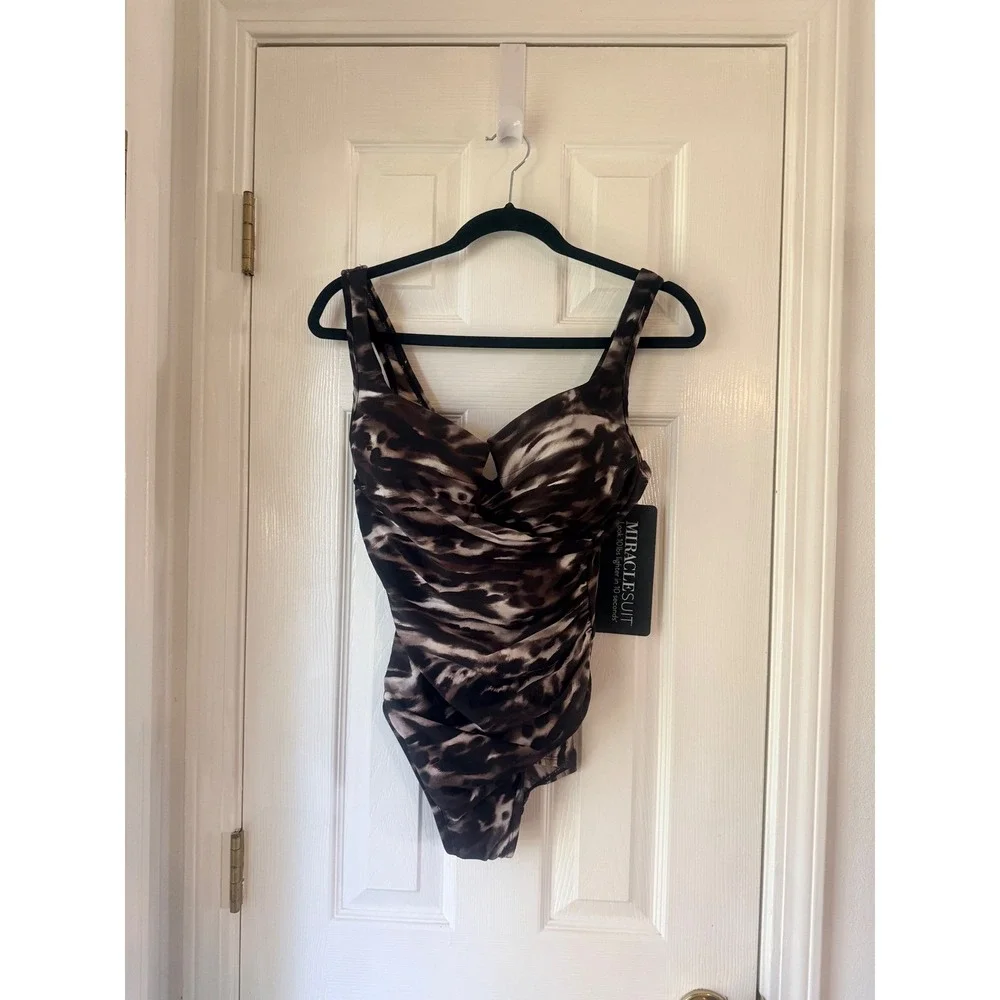 Miraclesuit Tempest‎ Escape Tummy Control One Piece Swimsuit Black Brown 16 NEW